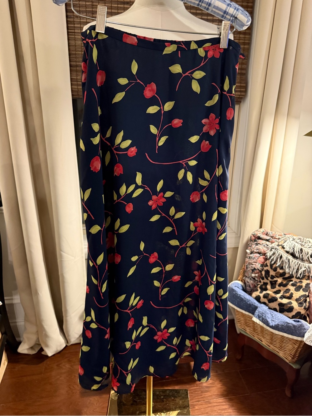 Vintage Amanda Smith Navy Maxi Skirt with Red Floral and Green Leaves